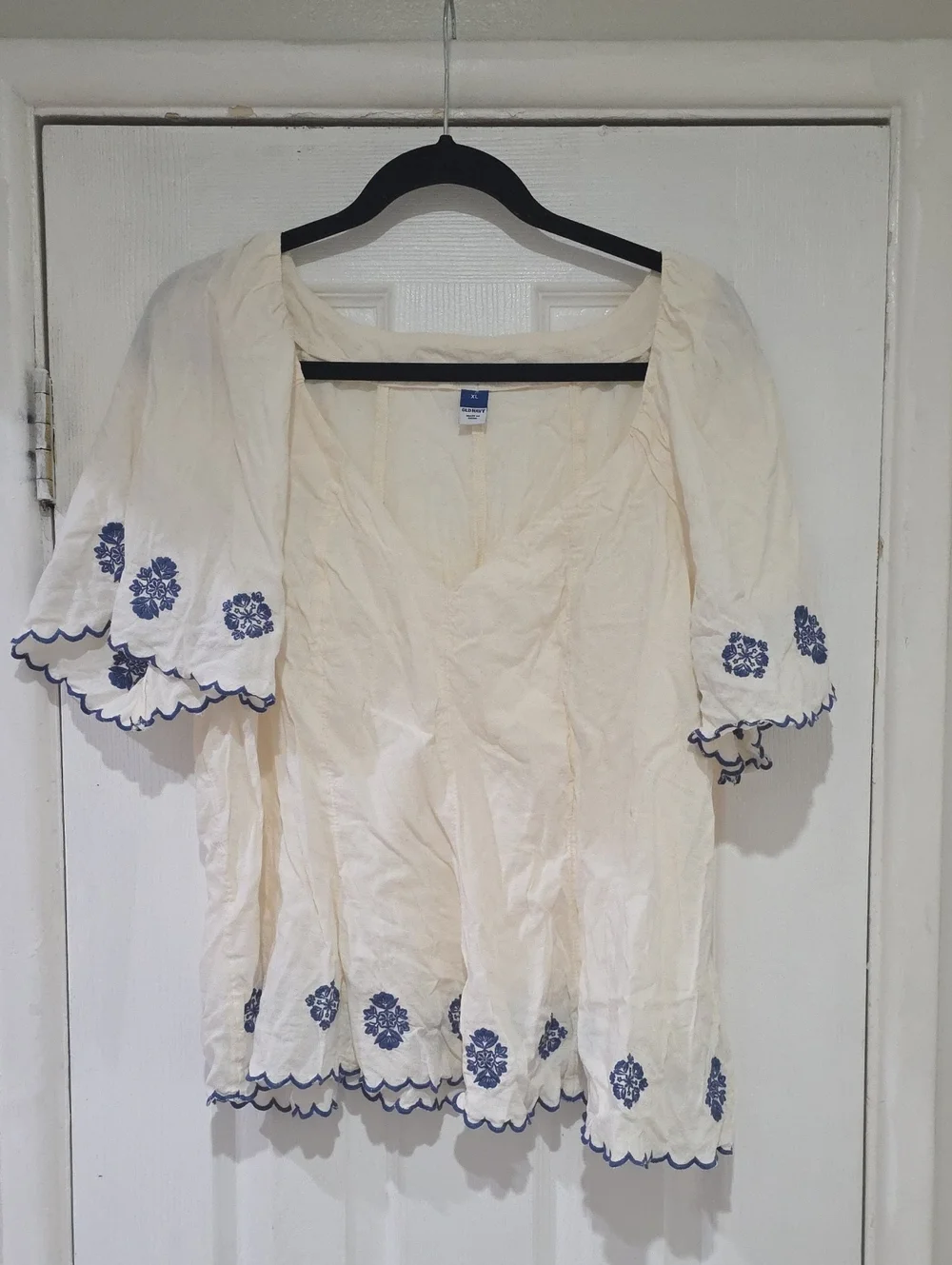 Old Navy Cream Peasant Blouse with Blue Floral Embroidery